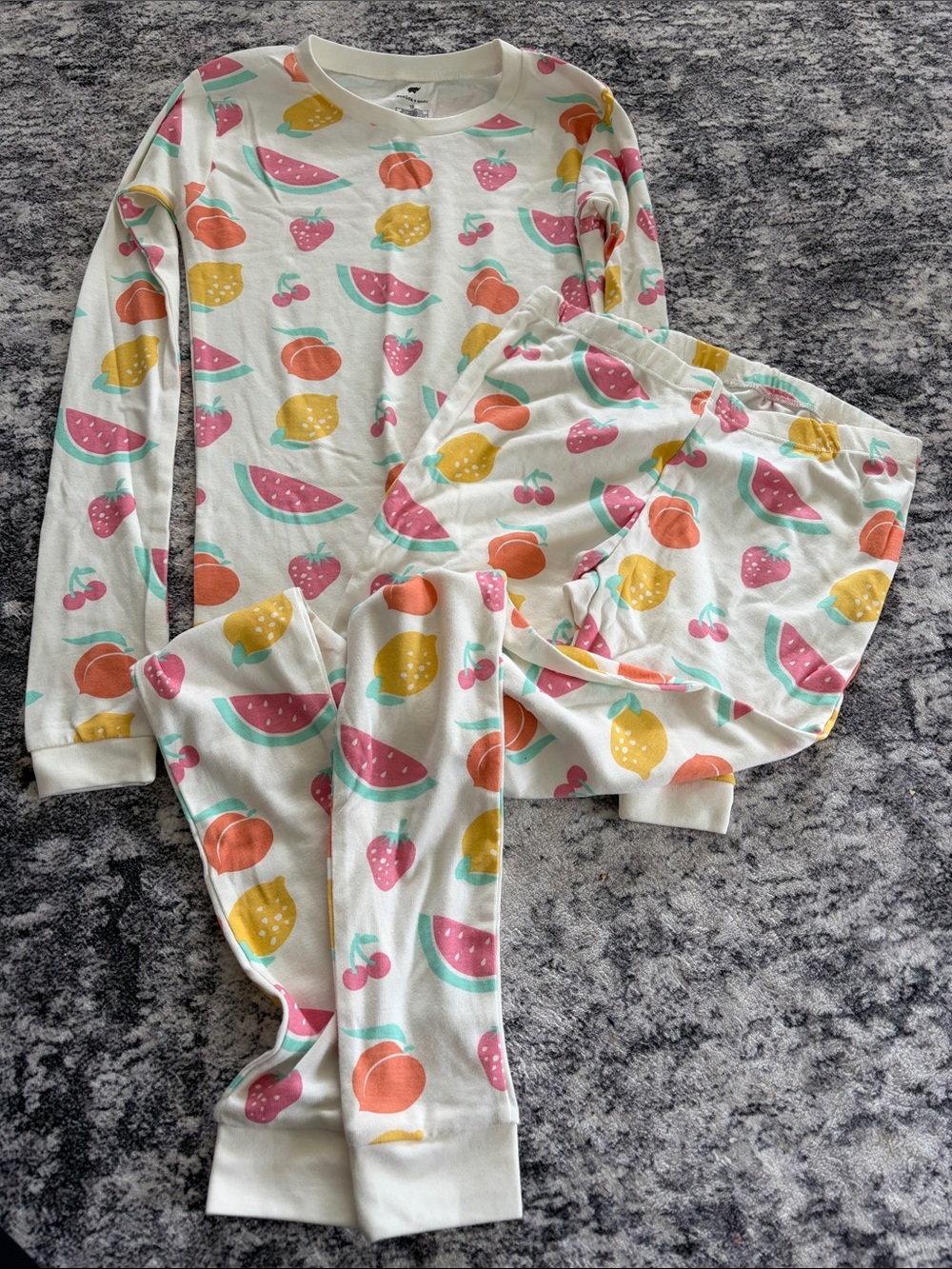 Kids Fruit-Print Long Sleeve Pajama Set - White with Pink, Orange & Yellow Fruit